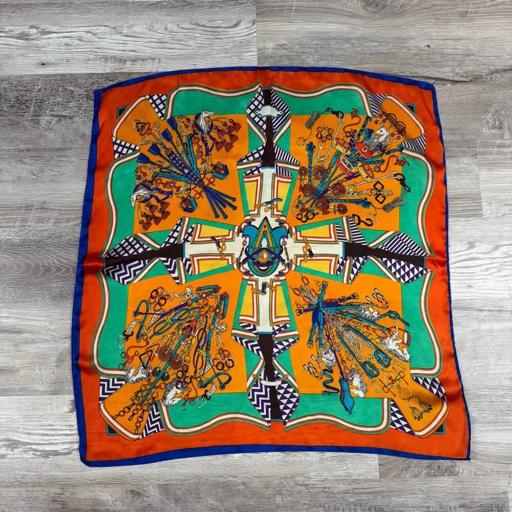 Vintage Equestrian Chain Print Scarf Orange Blue Retro 90s Square